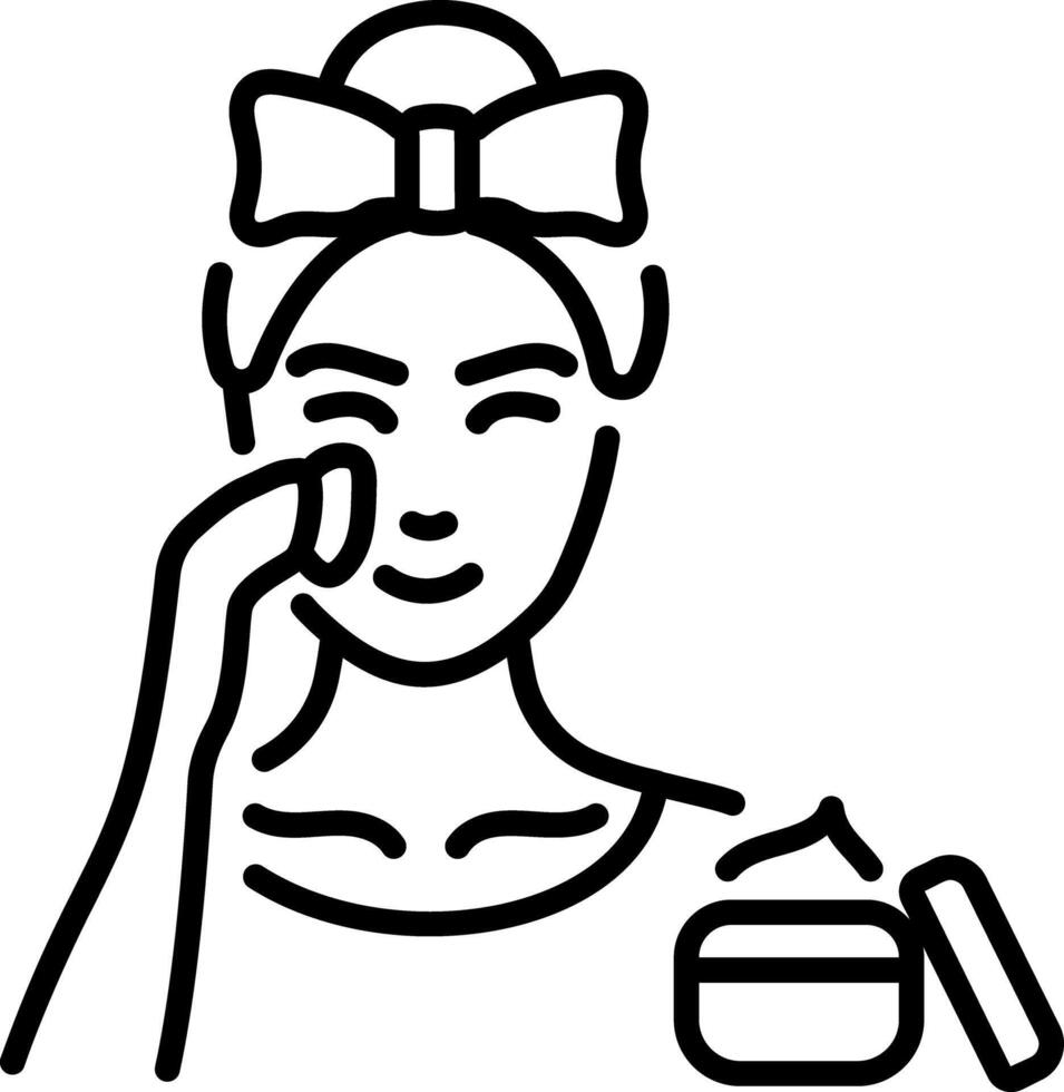 A girl applying beauty cream on her face, line icon vector