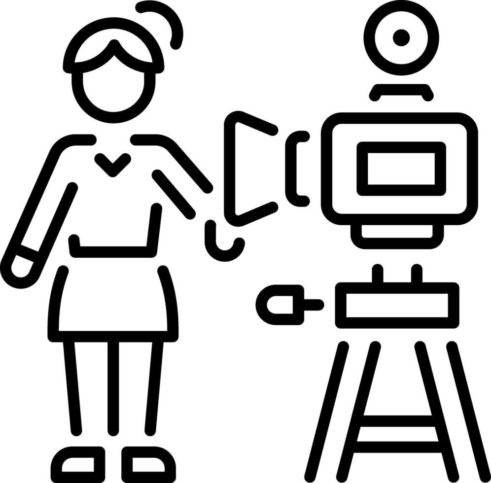A character holding a camera depicting demonstration, line icon vector