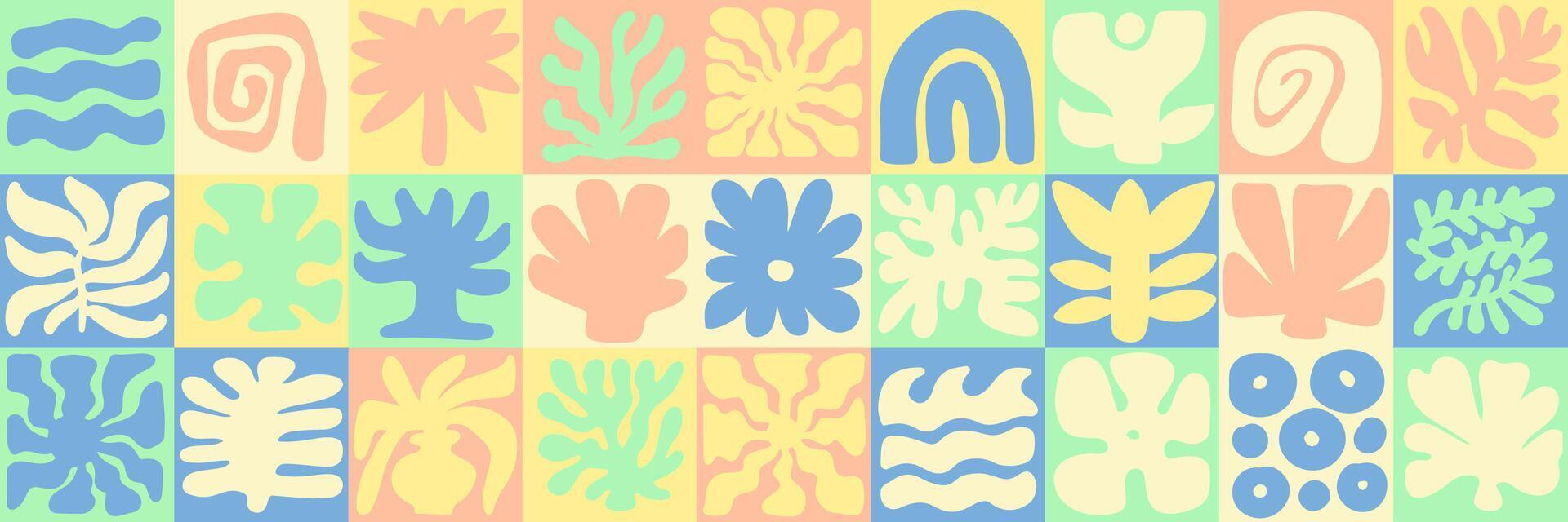 Hand drawn summer pattern with nature organic shapes, flat doodles. Groovy boho palm,beach, waves, sun, seashells and corals graphic symbols and elements. Summer vacation background in simple style. vector
