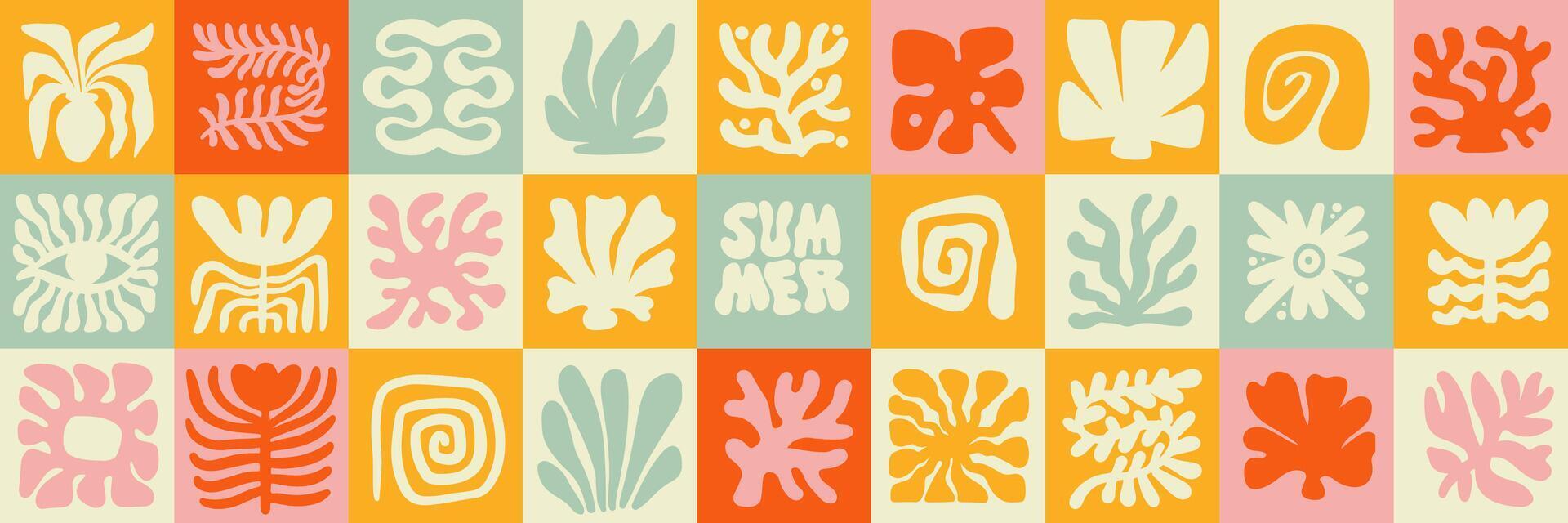 Flat seamless pattern in simple floral wavy and groovy naive style, ocean and vacation theme, flowers and plants, floral botanic hand drawn design templates, modern hand drawn art prints. vector