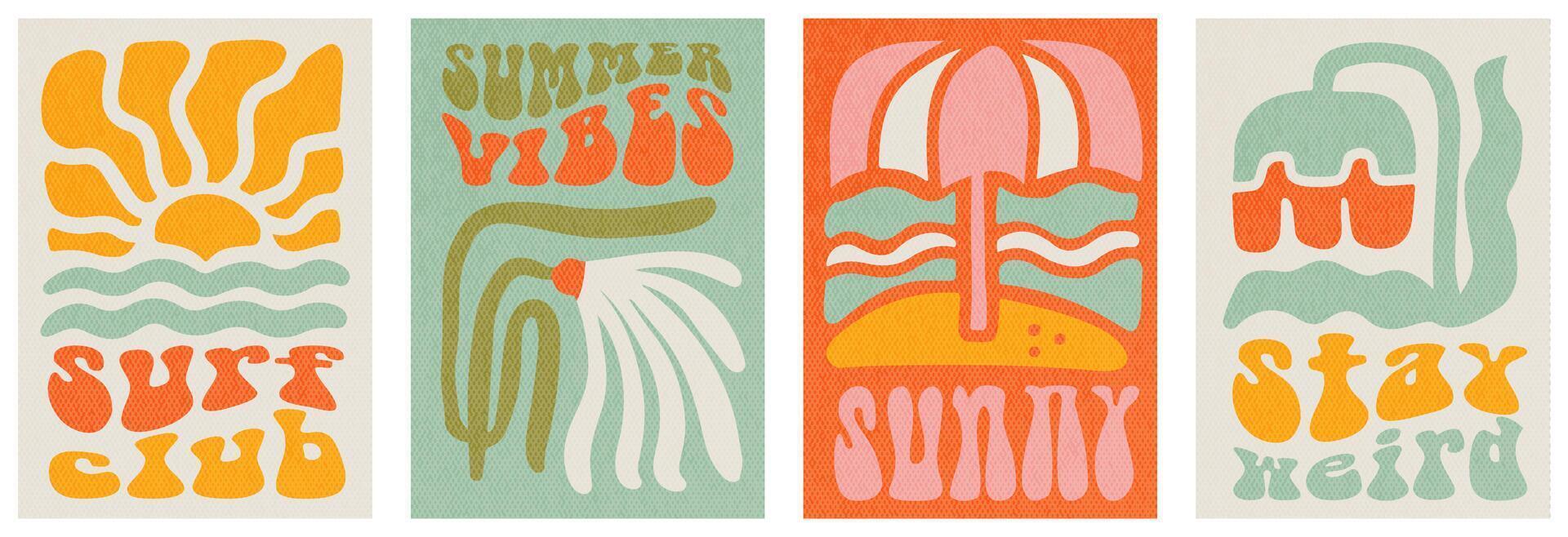 70s groovy summer posters ser. Flat hand drawn cartoon psychedelic style. Bright hippie retro elements - sunset, flowers, beach. Cute typography and trip wave. collection with paper texture vector