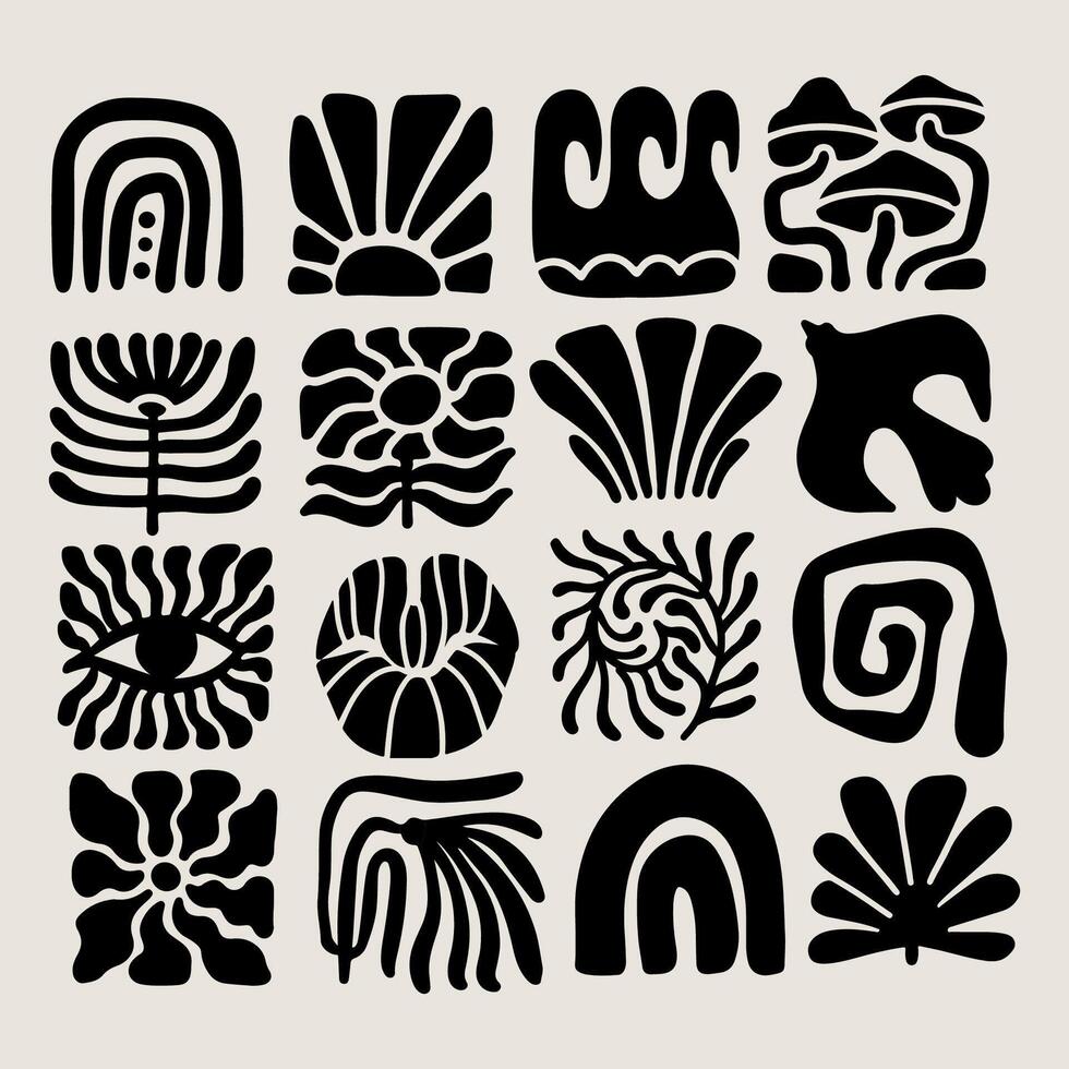 Trendy retro 70s-inspired groovy floral Matisse-style summer elements with leaf shapes, flowers, bird, rainbow, sea and sun , blending modern and organic elements. vector