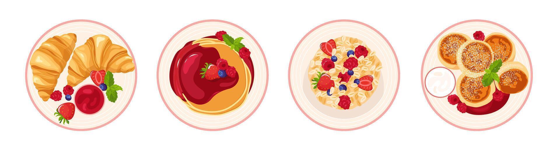 Set of four tasty sweet breakfast dishes. croissants with berries, pancakes with syrup, oatmeal with fresh fruit, and cottage cheese pancake Top view design element. Colorful flat illustration vector