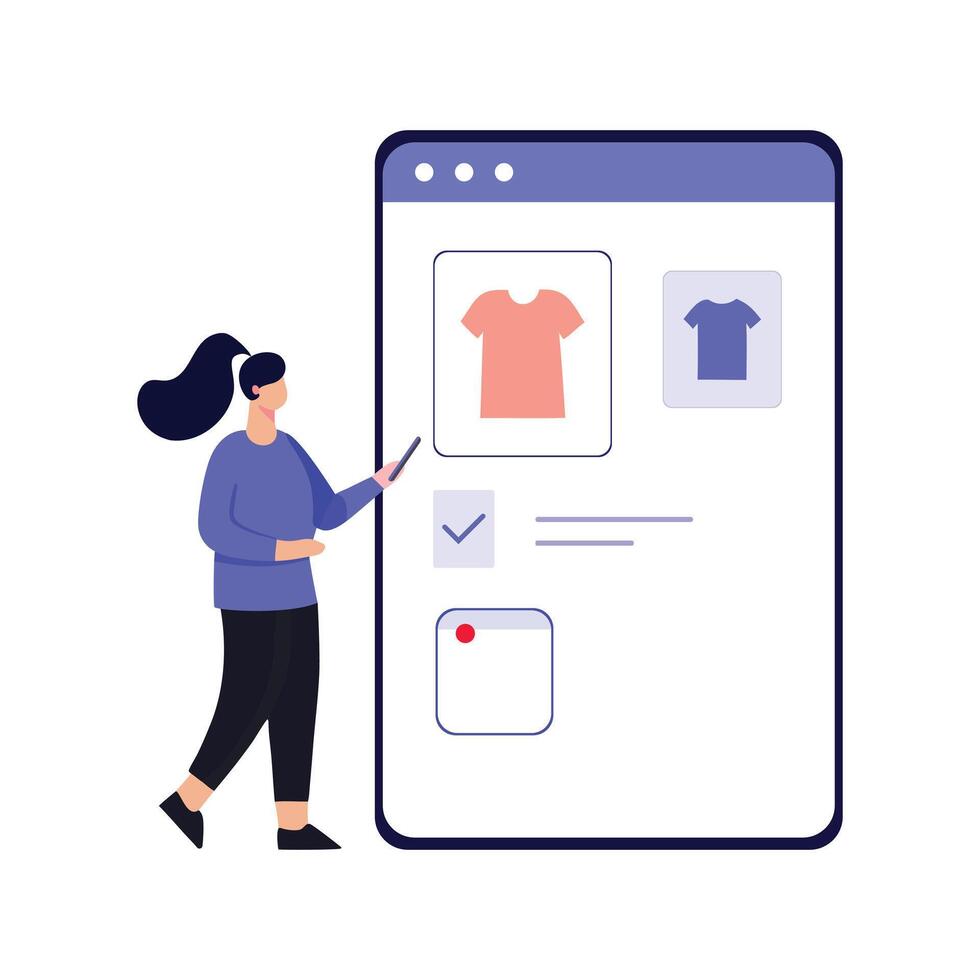 A woman is looking at a shopping cart on a mobile app vector