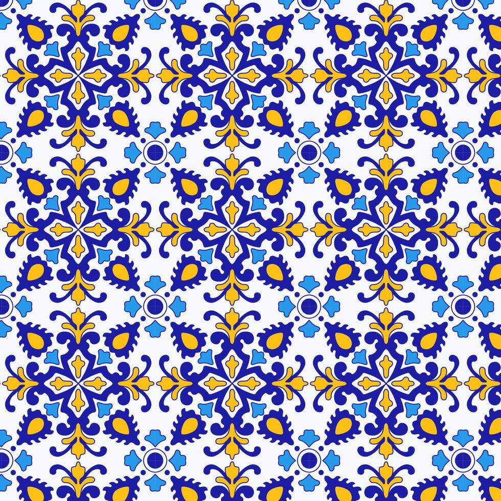 Italian blue and yellow ceramic tile seamless pattern. Mediterranean porcelain design ethnic folk ornament. Mexican talavera, portuguese azulejo, spanish majolica, arabesque motif. Geometrical stars vector