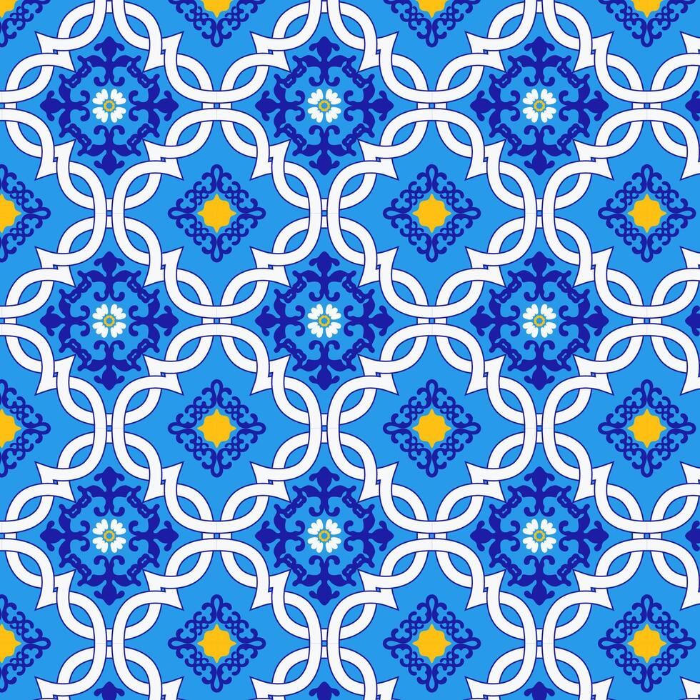 Italian blue and yellow ceramic tile seamless pattern. Mediterranean porcelain design ethnic folk ornament. Mexican talavera, portuguese azulejo, spanish majolica, arabesque motif. Blue rhombus. vector