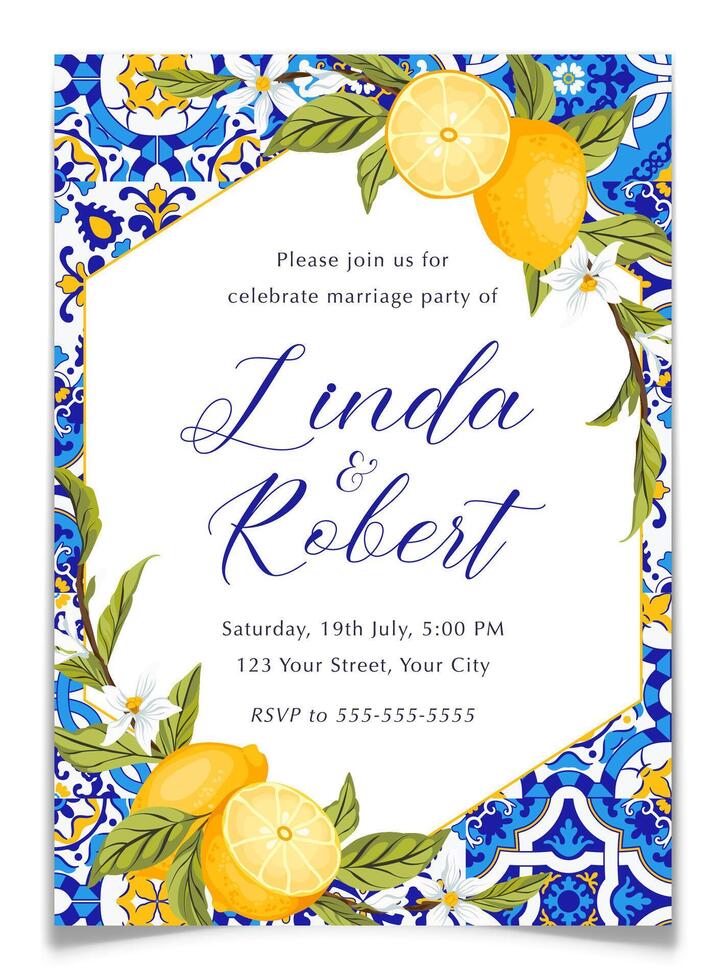 Blue Tiles and Lemons Wedding Invitation Postcard. vector
