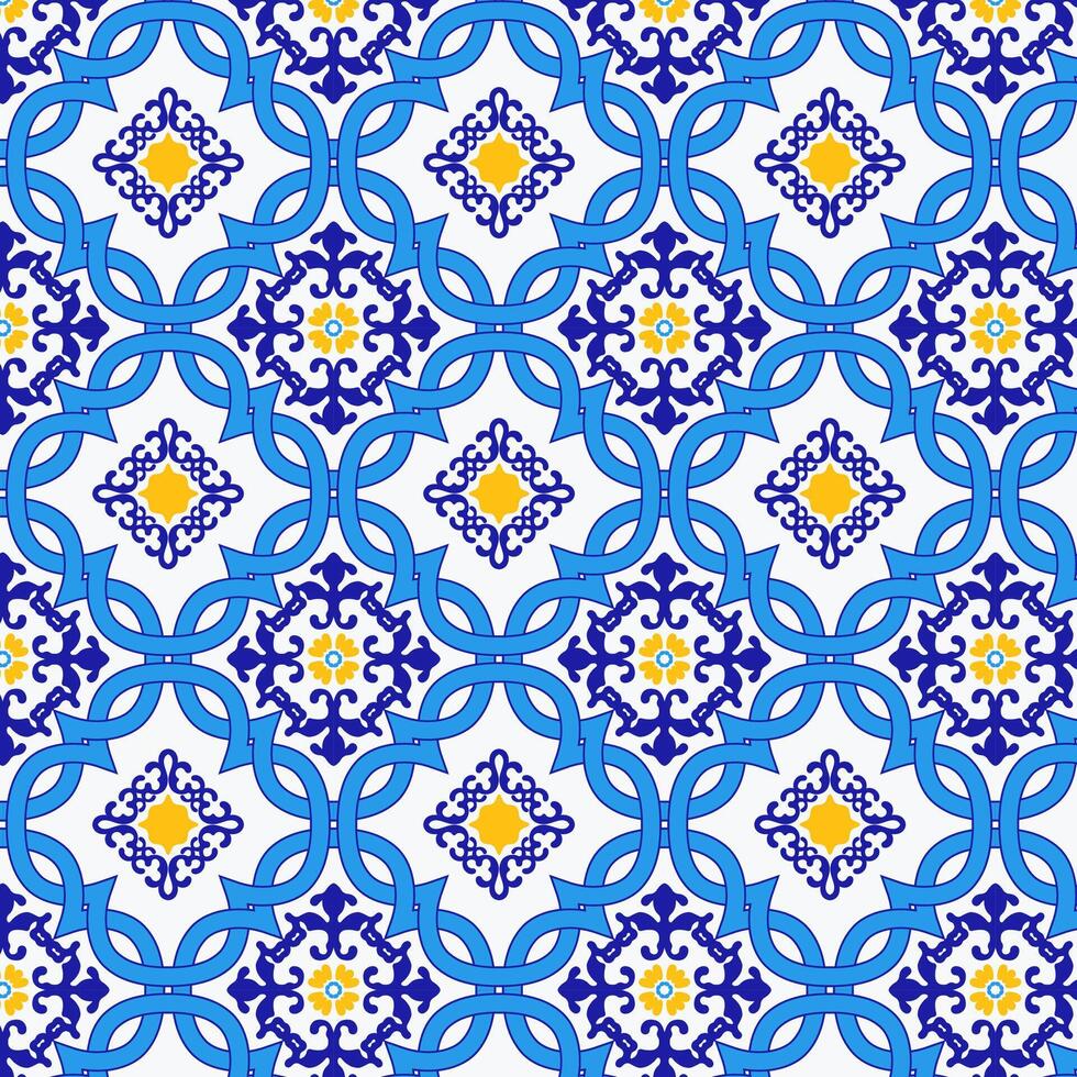 Italian blue and yellow ceramic tile seamless pattern. Mediterranean porcelain design ethnic folk ornament. Mexican talavera, portuguese azulejo, spanish majolica, arabesque motif. Rhombus frames. vector
