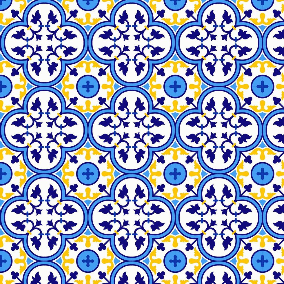 Italian blue and yellow ceramic tile seamless pattern. Mediterranean porcelain design ethnic folk ornament. Mexican talavera, portuguese azulejo, spanish majolica, arabesque motif. Abstract stars vector