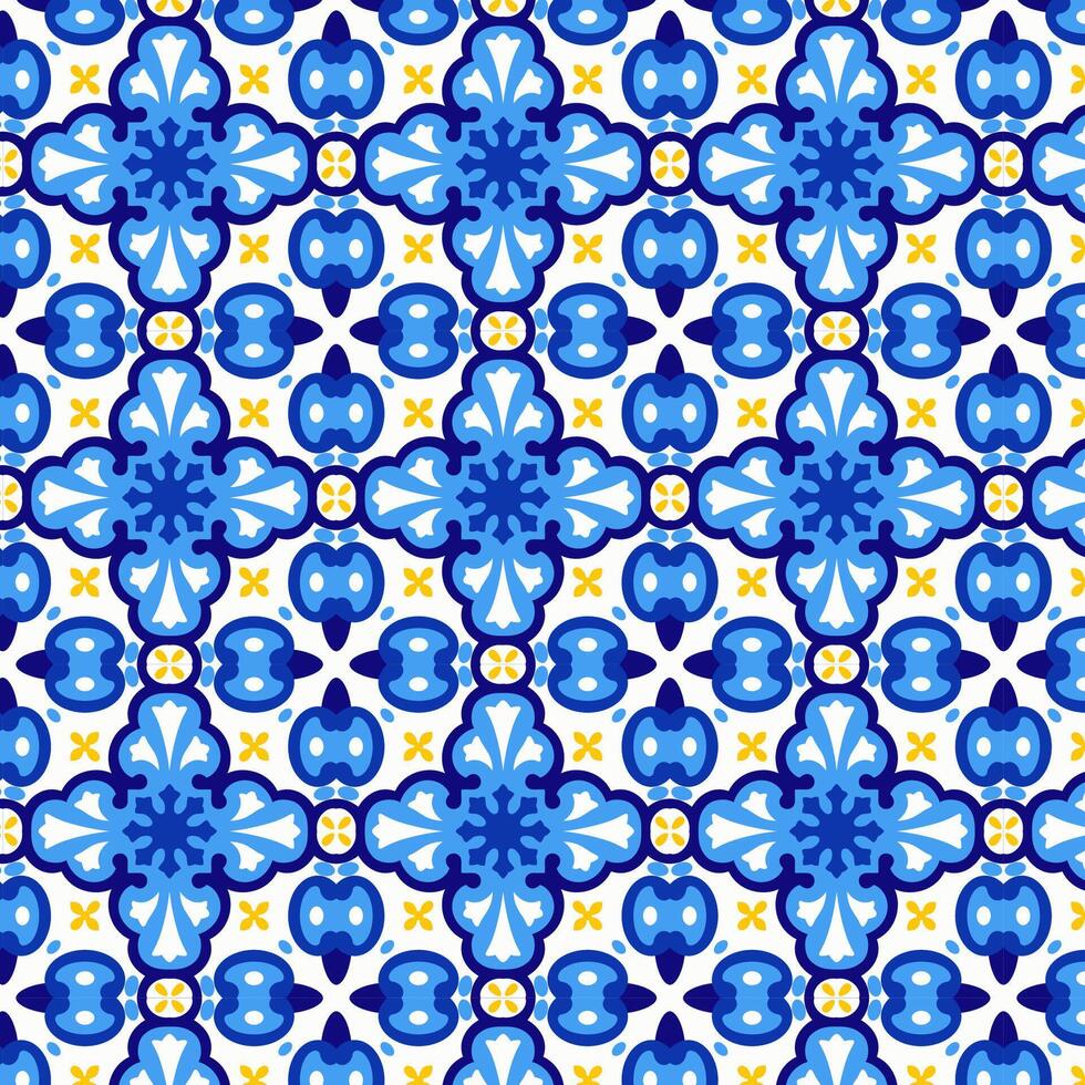 Italian blue and yellow ceramic tile seamless pattern. Mediterranean porcelain design ethnic folk ornament. Mexican talavera, portuguese azulejo, spanish majolica, arabesque motif. Blue stars. vector