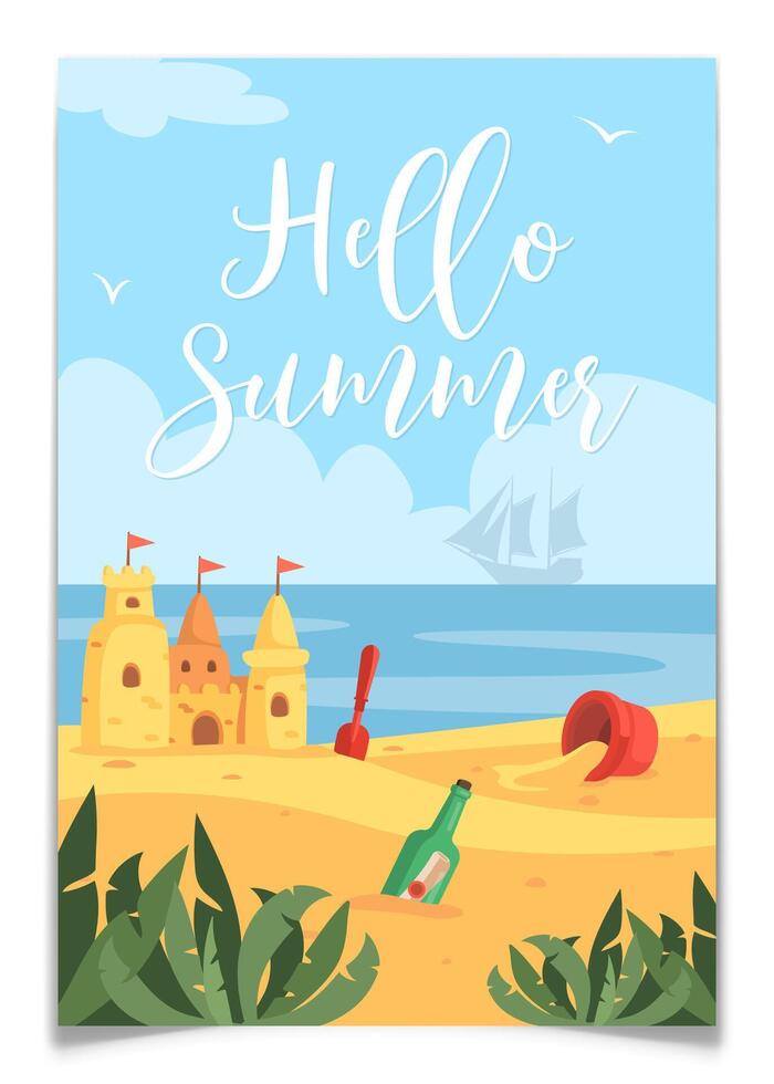 Hello Summer Poster with Sand Castle on Sea Beach. vector