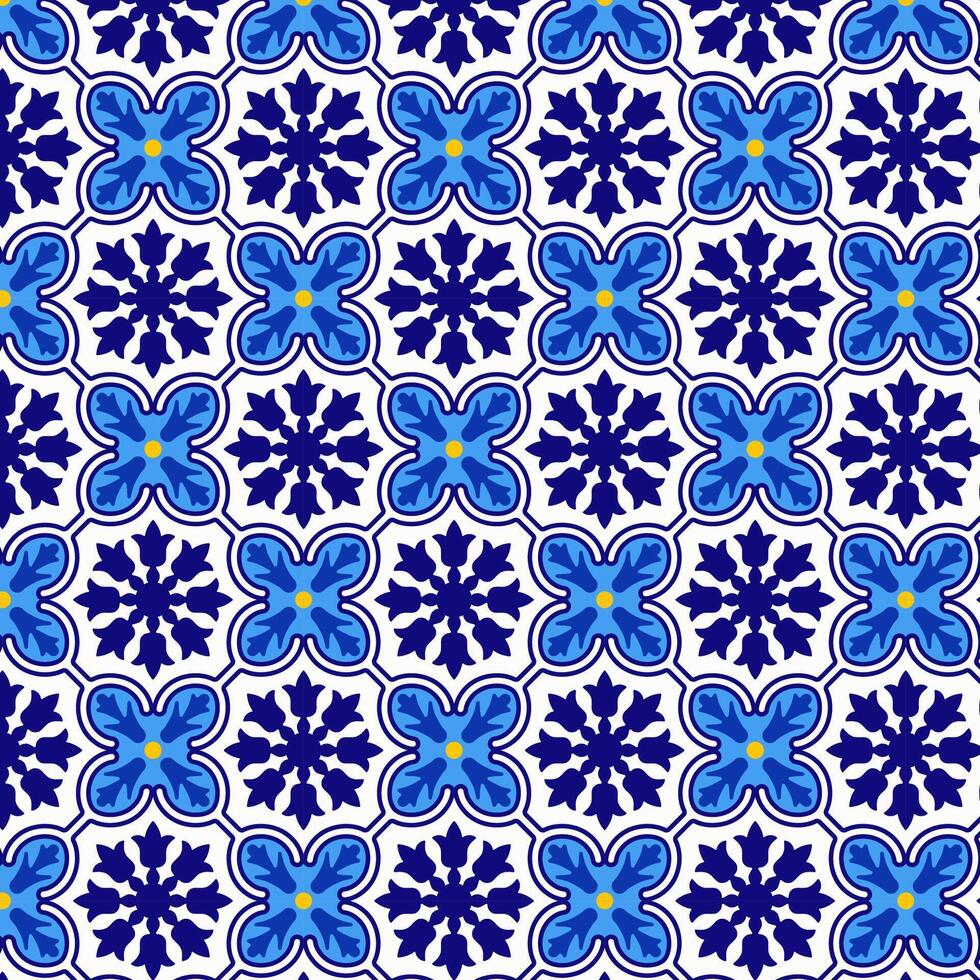 Italian blue and yellow ceramic tile seamless pattern. Mediterranean porcelain design ethnic folk ornament. Mexican talavera, portuguese azulejo, spanish majolica, arabesque motif. Geometrical frames vector