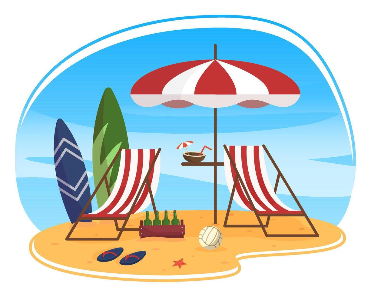 Summer Scene with Deckchair and Beach Umbrella. vector