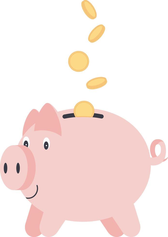 Coins are pouring into the piggy bank. Concept of financial operation with money. Hand drawn flat illustration. vector