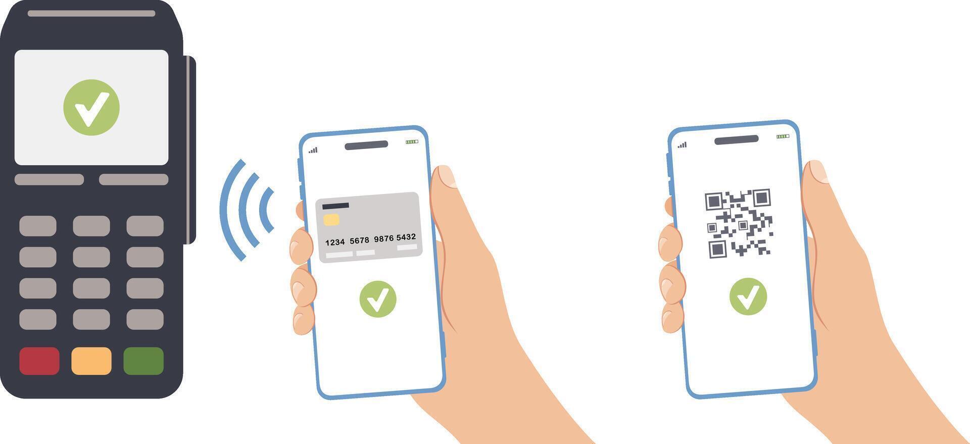 Contactless payment by smartphone. Payment terminal for smartphone, electronic wireless readers. QR-code payment. Hand drawn illustration. vector