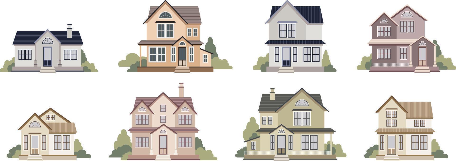 Set of houses on isolated white background for use in media or community maps. Homes and houses exteriors. Hand drawn flat illustration vector