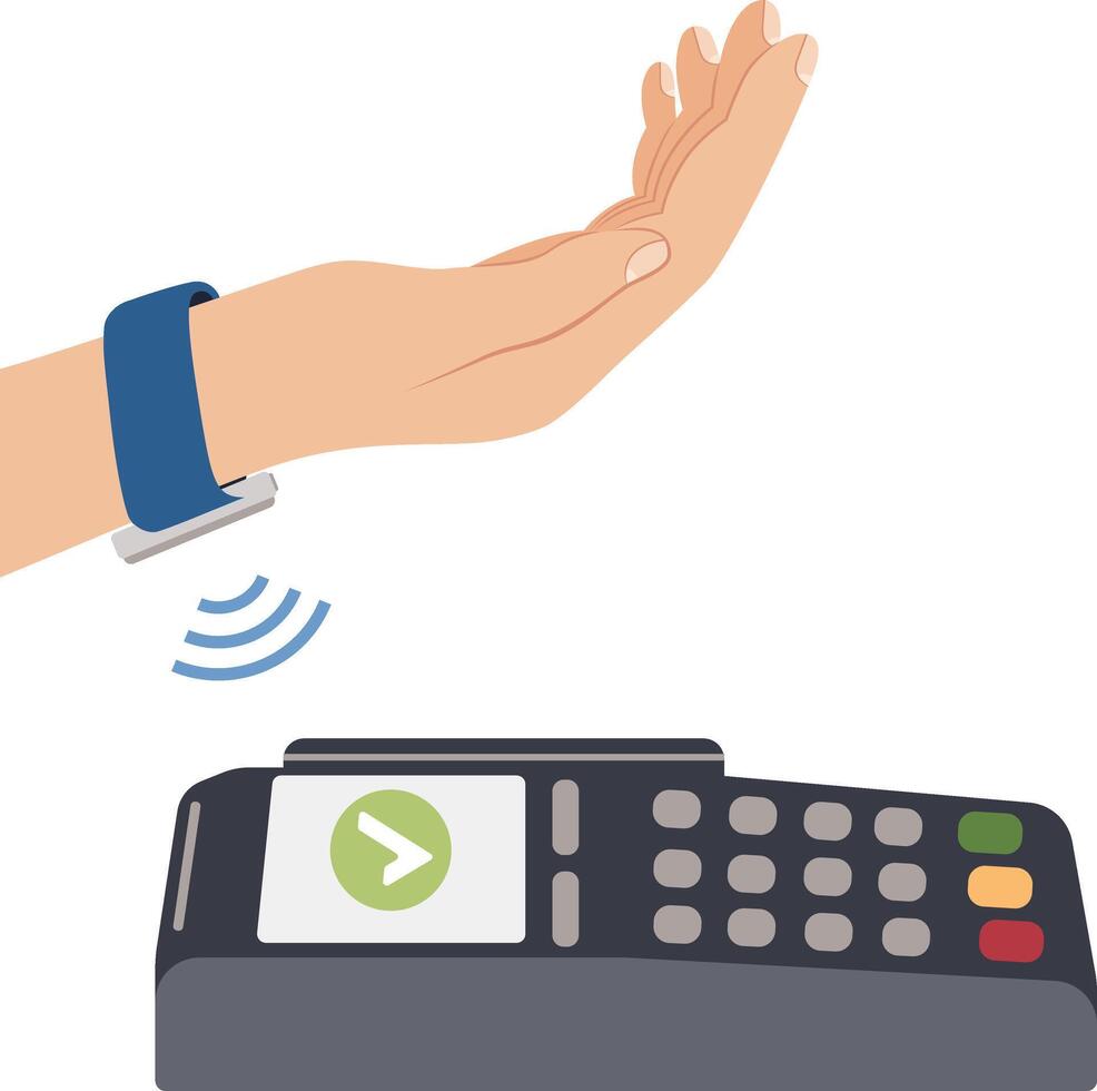 Contactless payment by smartwatch. Payment terminal for smartwatch, electronic wireless readers. Hand drawn illustration. vector