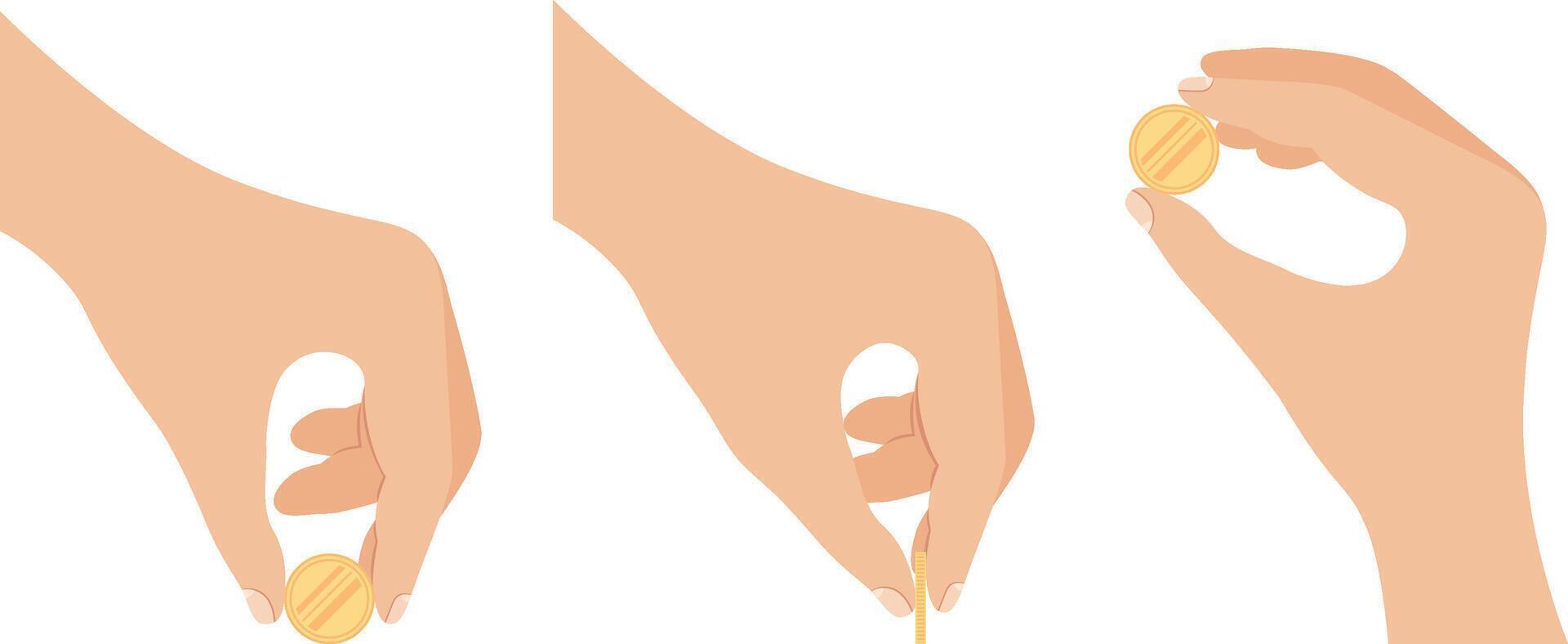 Cartoon hand holds golden coin. Concept of financial operation with money. Hand drawn flat illustration. vector