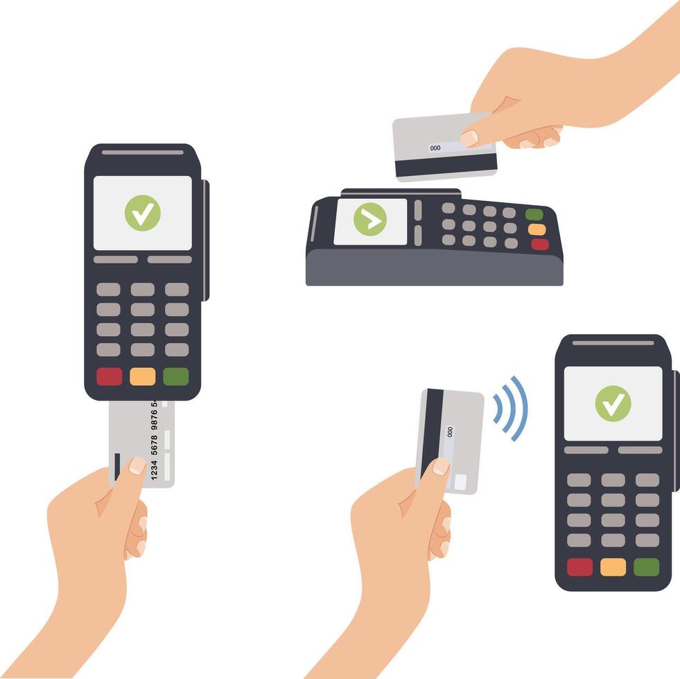 Contactless payment by debit card. Payment terminal for credit cards, electronic wireless readers. Hand drawn illustration. vector