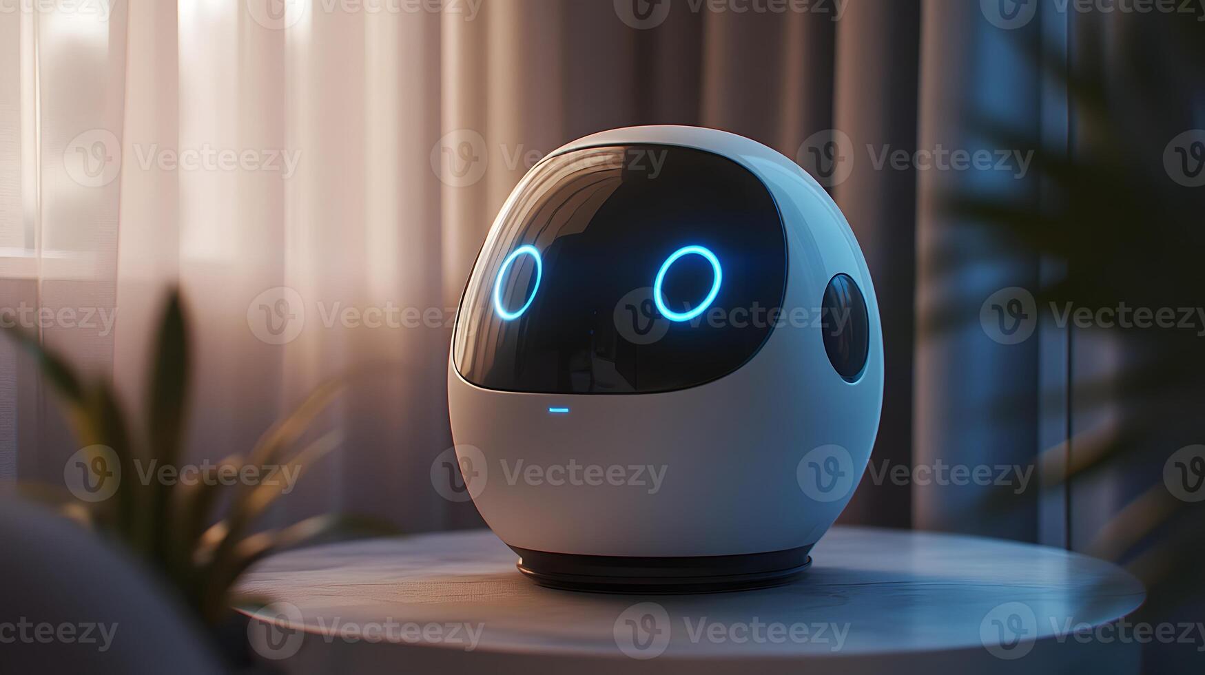 Modern, egg-shaped robot on a round table in a softly lit room, featuring glowing blue rings for eyes and a minimalist design. photo