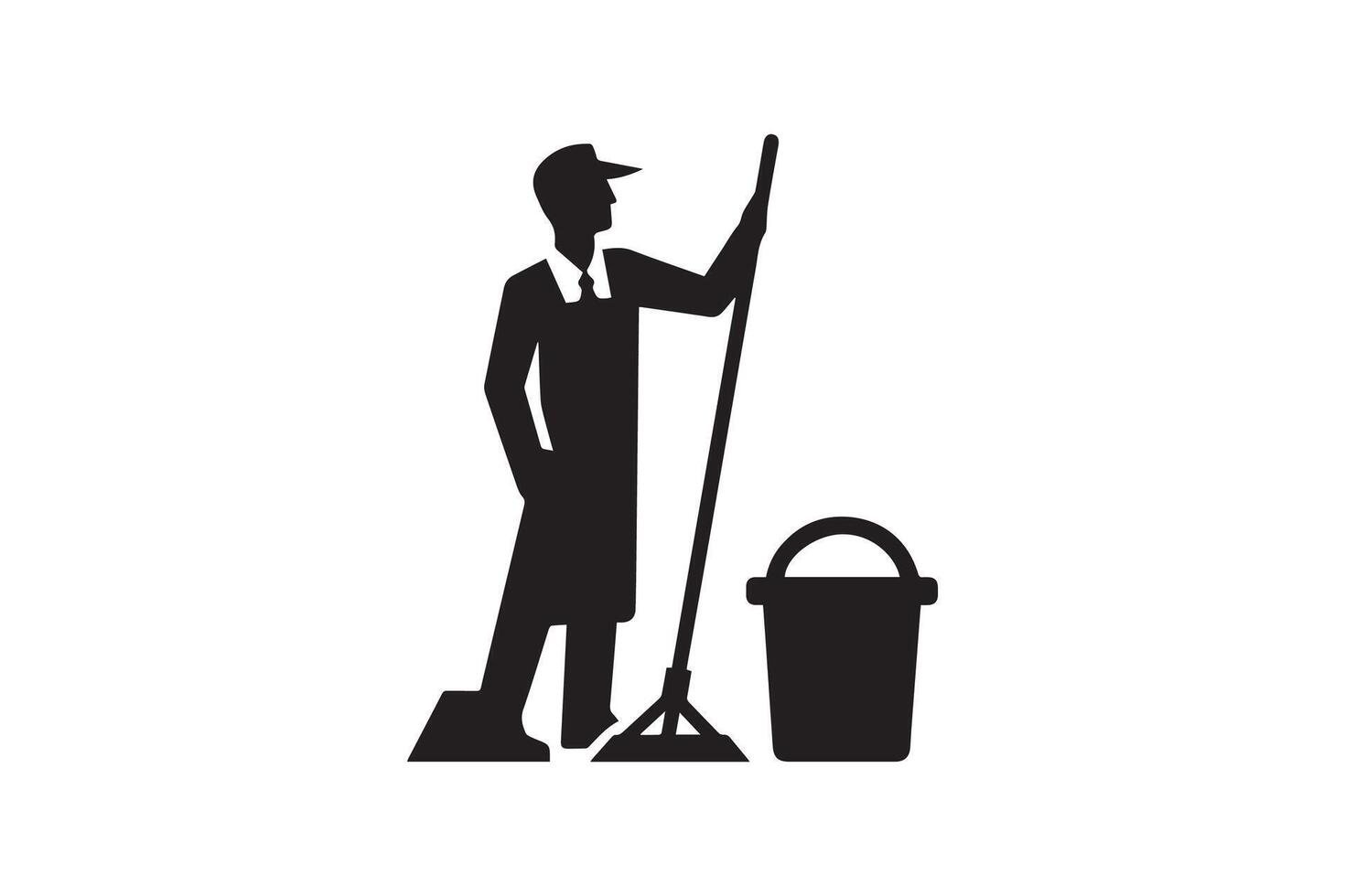 A black and white silhouette of a man with a mop and bucket vector