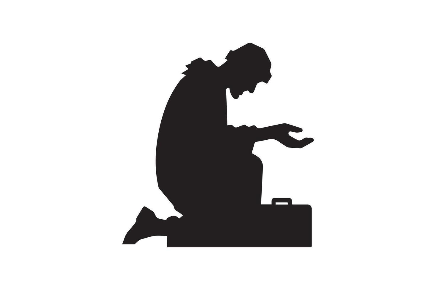 A silhouette of a man kneeling on a suitcase vector