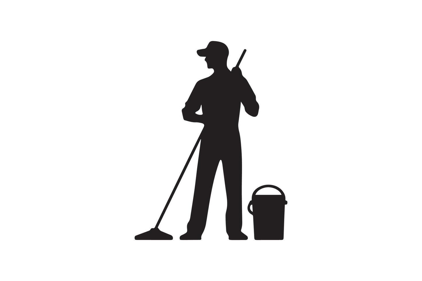 A silhouette of a man with a mop and bucket vector