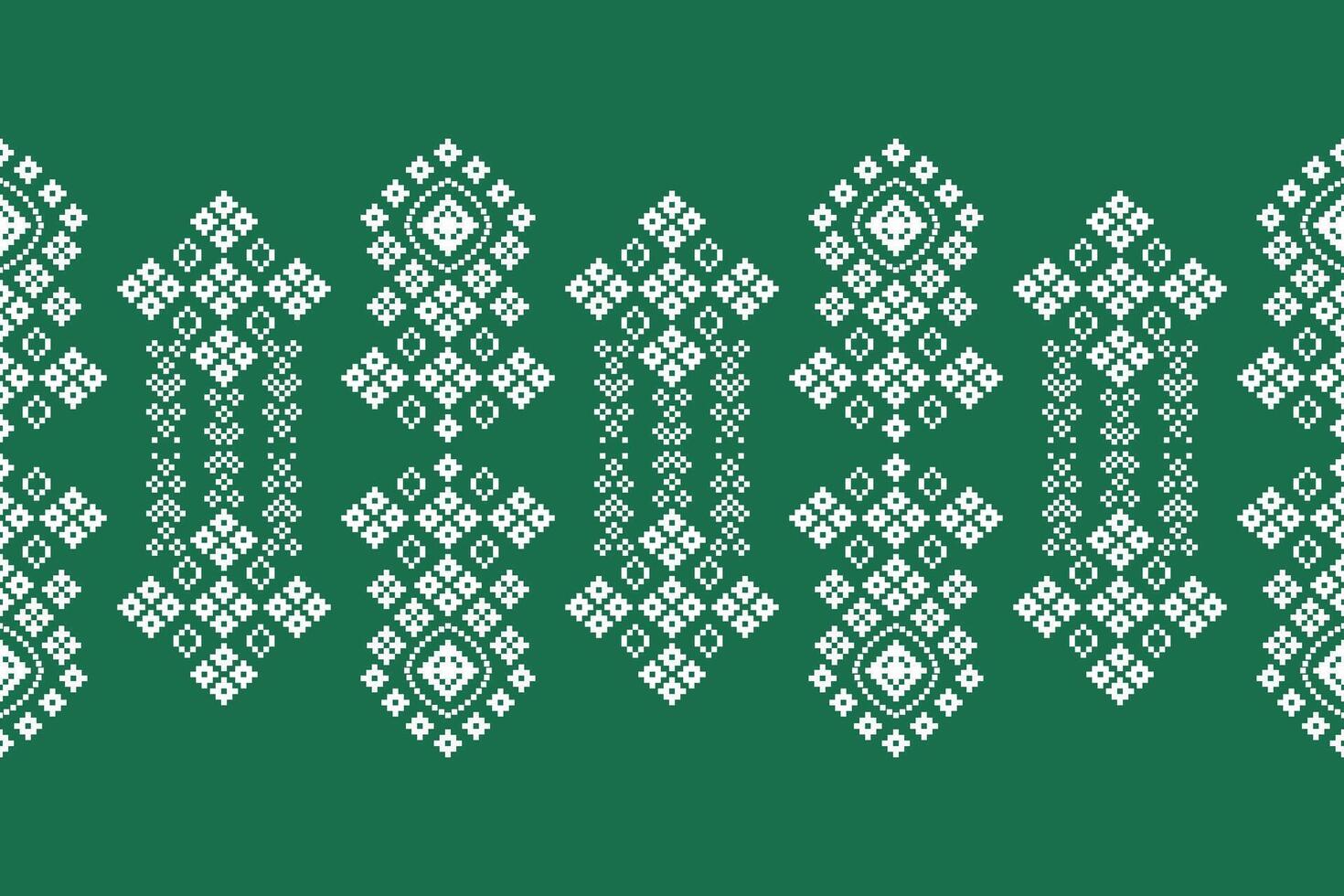Cross stitch ethnic pixel art with green color background motif fabric pattern art. vector