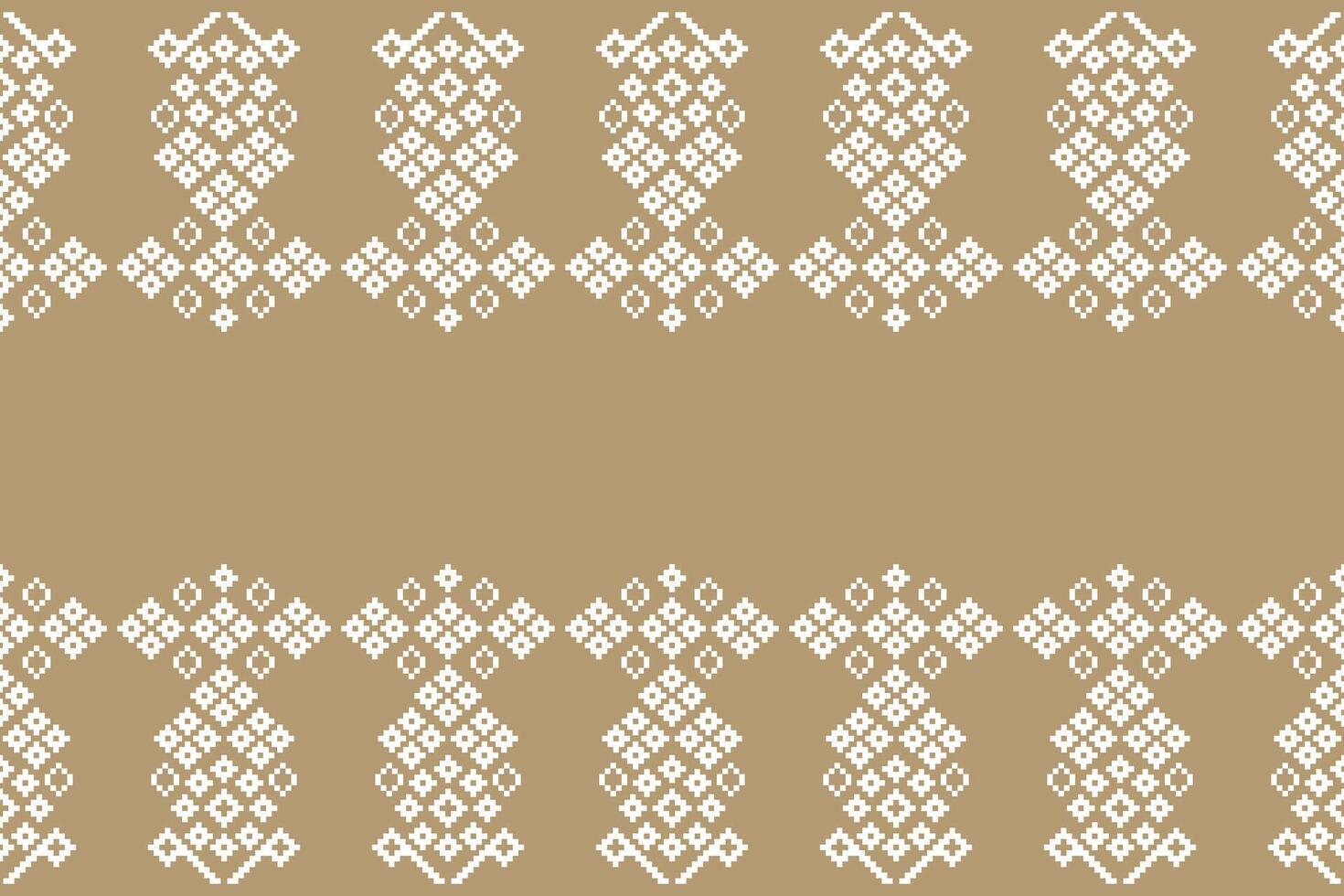 Decorative of fabric pixel pattern brown color background and ethnic pattern motif. vector