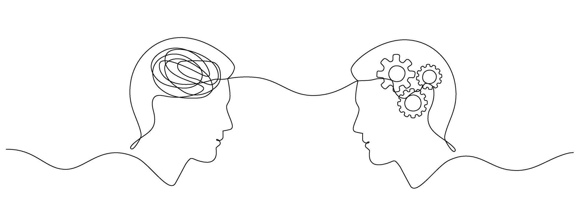 Two heads one with a confused mind the other with gears , drawn in one continuous line. Concept of brain process, intelligence and progress of technology. editable line illustration. vector