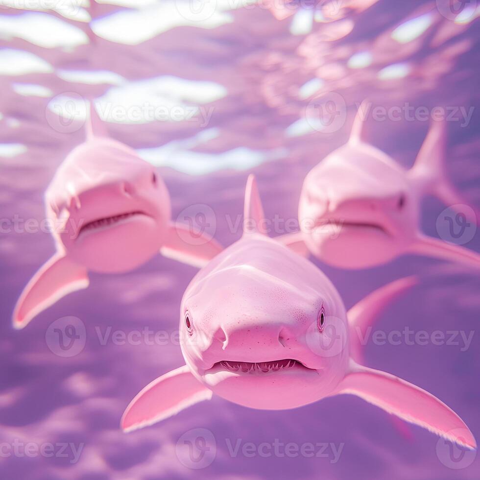 Three pink sharks swimming in the water photo