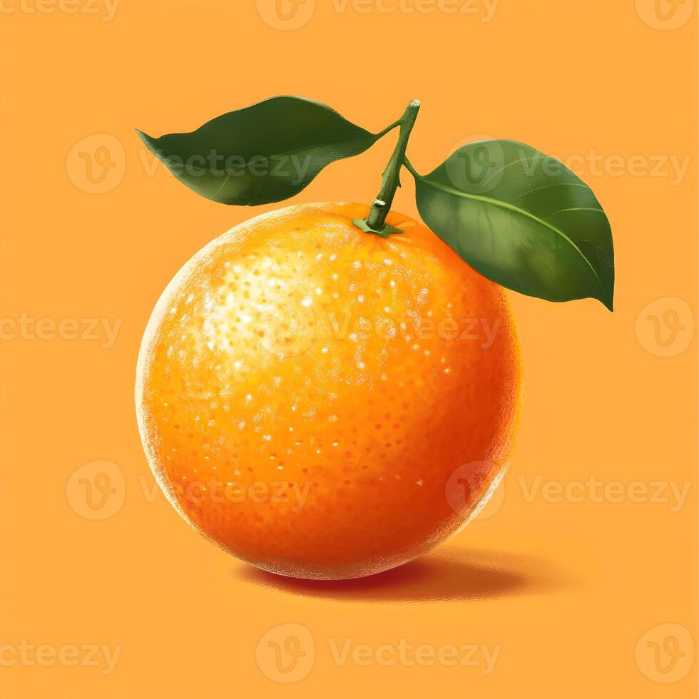 Orange fruit with green leaf on orange background photo