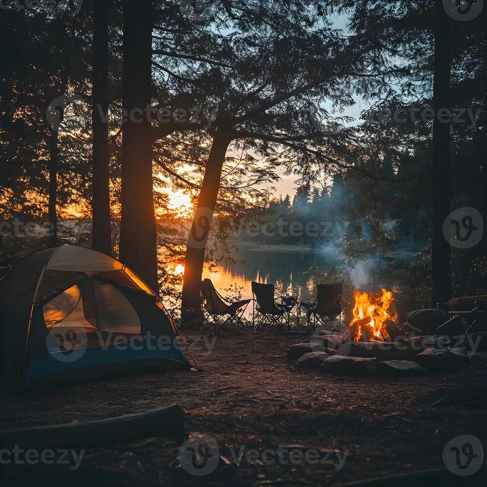 A tent and campfire are set up near a lake at sunset photo