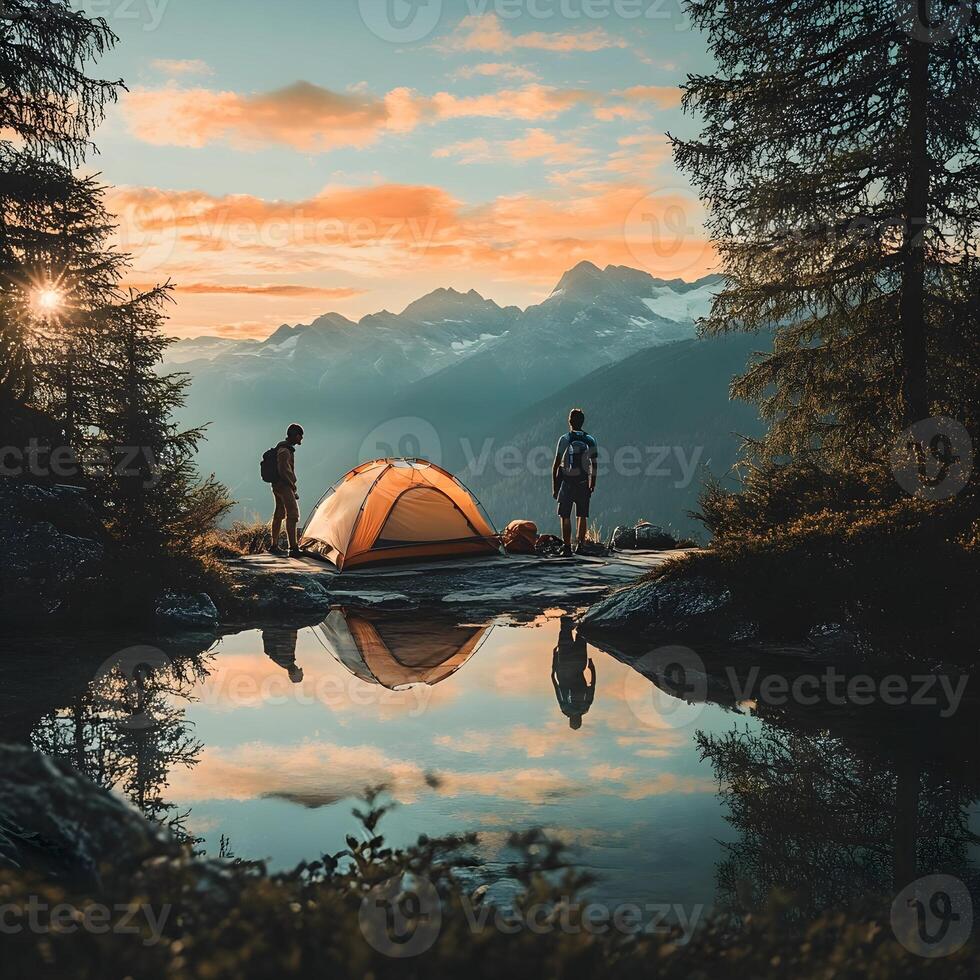 Two people stand near a tent at sunset photo