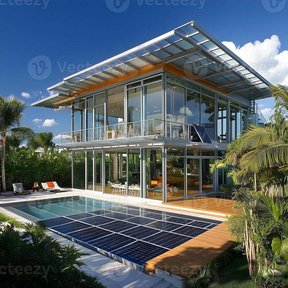 A house with a pool and solar panels on the roof photo