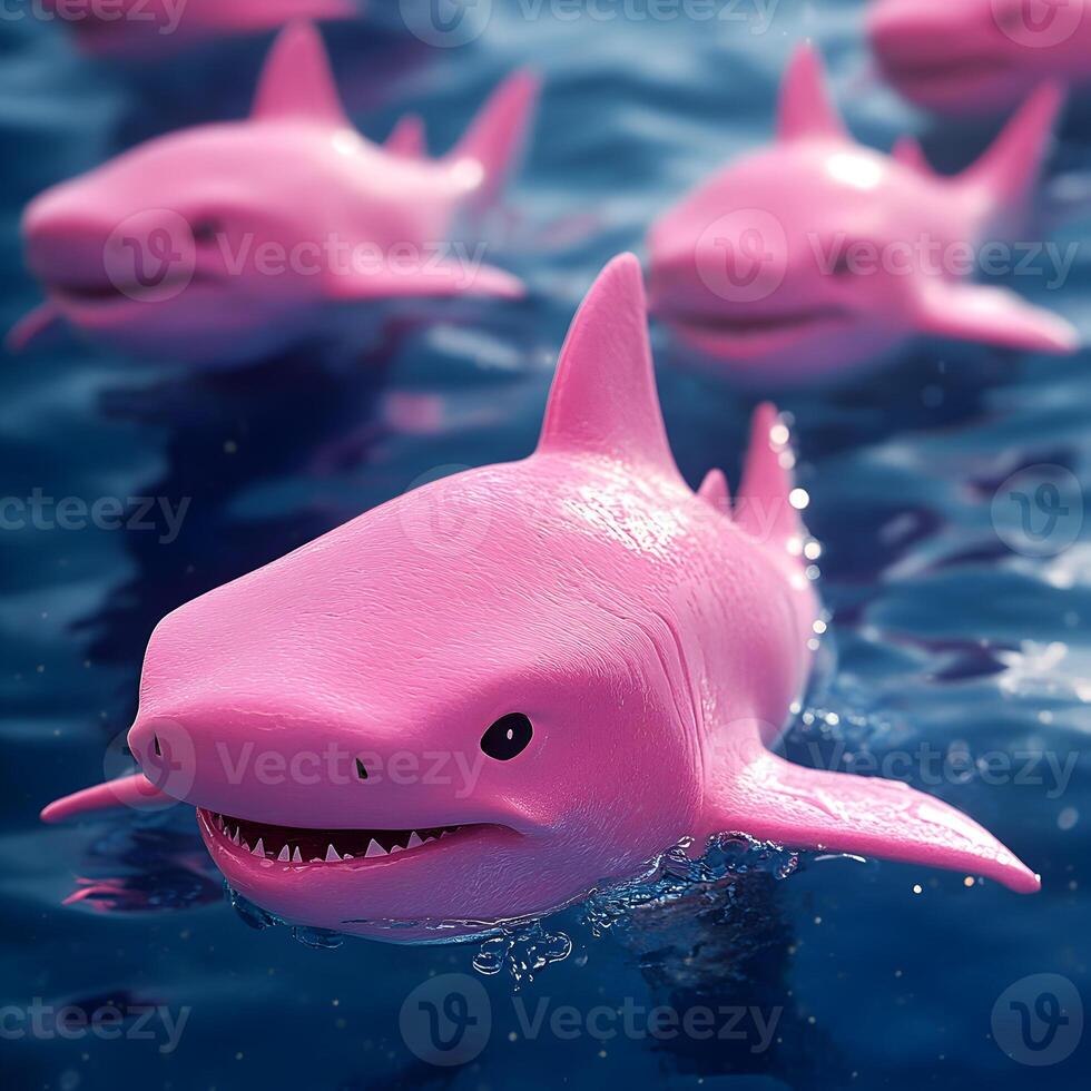 A group of pink plastic sharks in the water photo