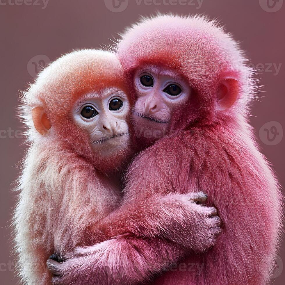 Two pink monkeys hugging each other photo