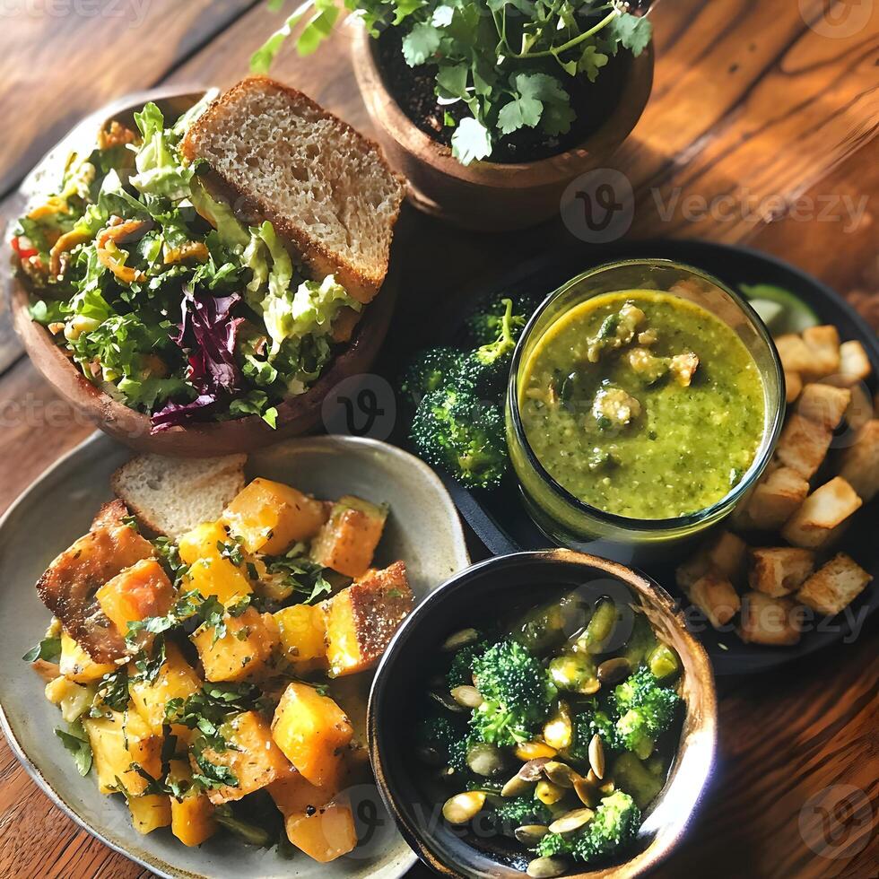 A table with a bowl of food, a bowl of soup, and a bowl of salad photo