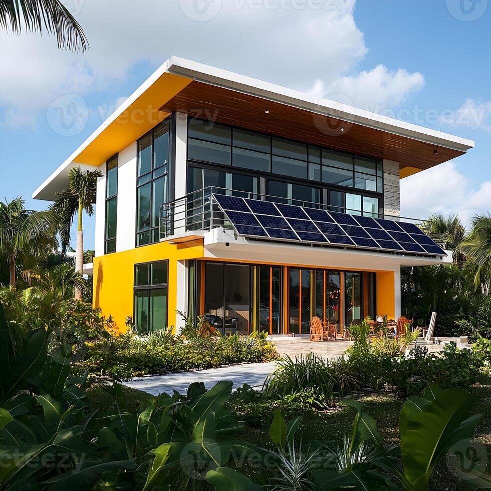 A house with solar panels on the roof photo