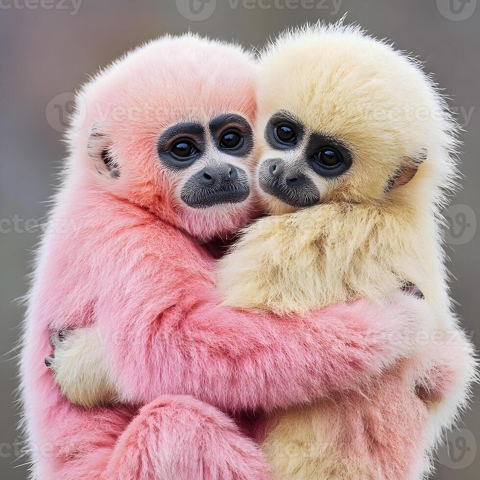 Two baby gibbons hugging each other in pink and white photo