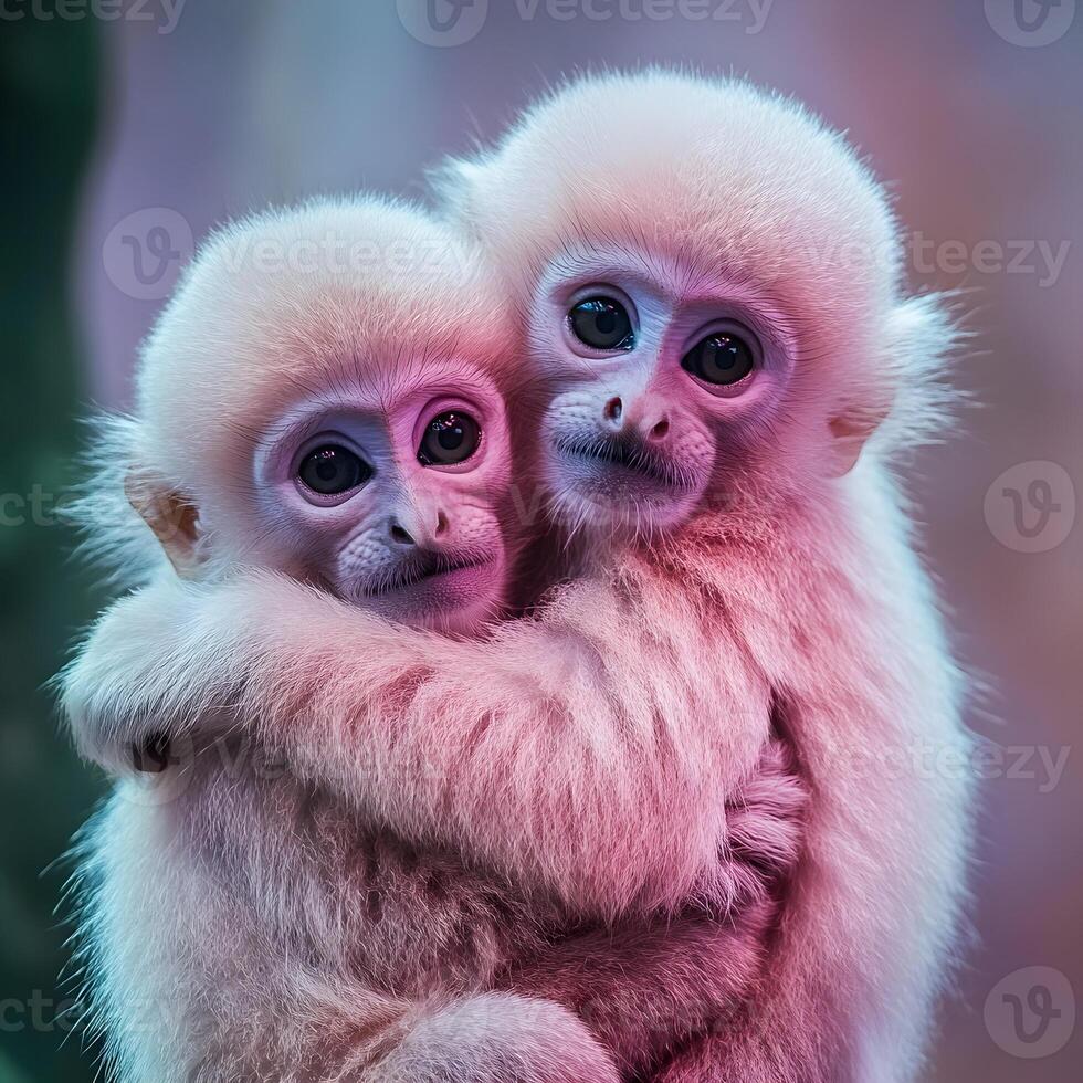 Two white monkeys hugging each other in front of a pink background photo