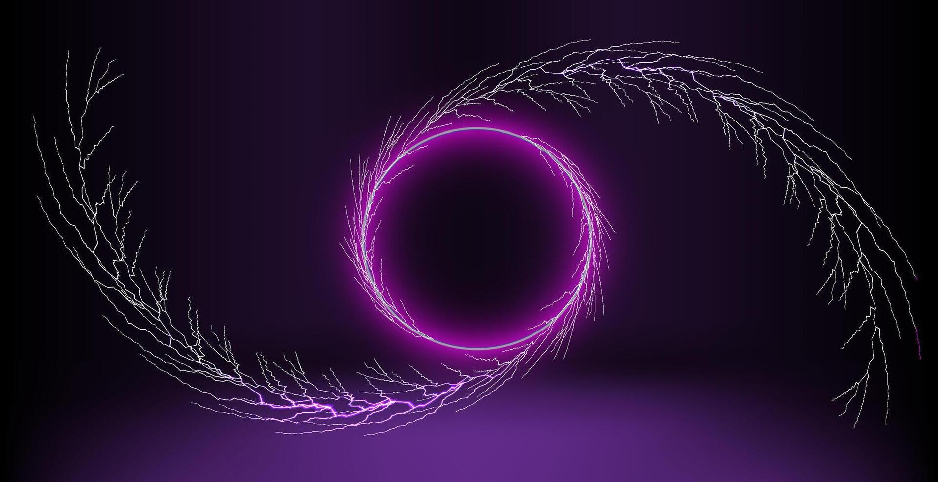 Electric energy forms swirling vortex with purple lightning in a dark environment. vector
