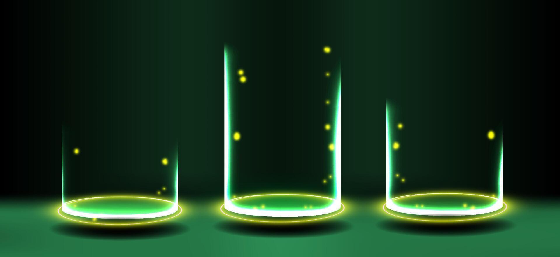 Cool glowing glass containers with ethereal lights in a dark setting creating a mystical ambiance. vector