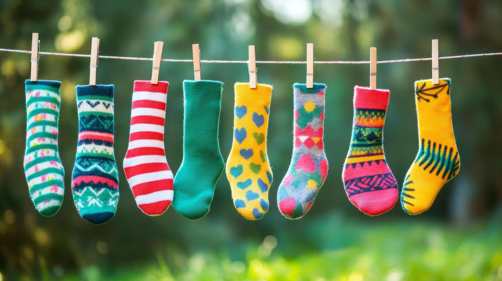 Socks hanging on clothes line in front of green trees photo