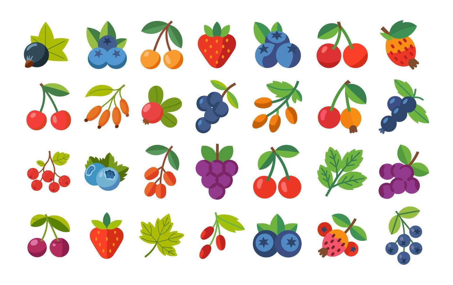 Flat collection of various colorful berries and fruits including cherries, strawberries, blueberries, grapes, rose hips, and leaves in cartoon style on white background vector