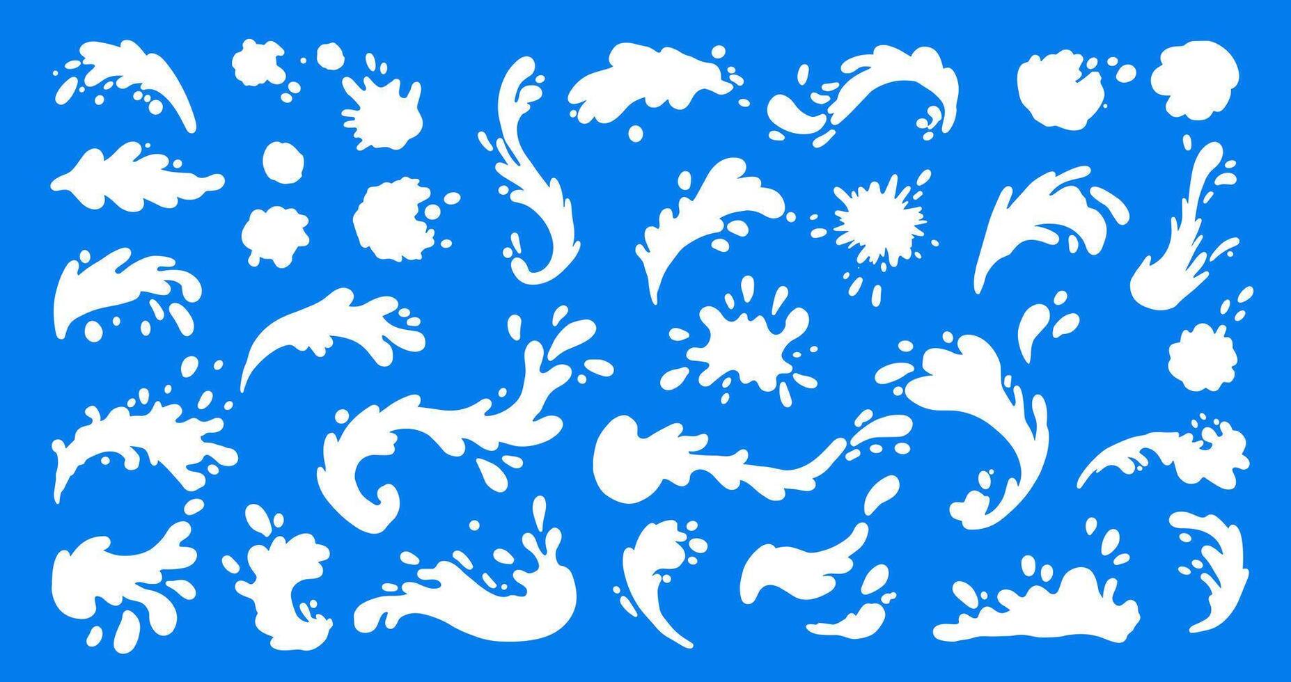 Set of white splash shapes and water splash effects on a bright blue background, including drops, waves, and fluid motion elements in various styles vector