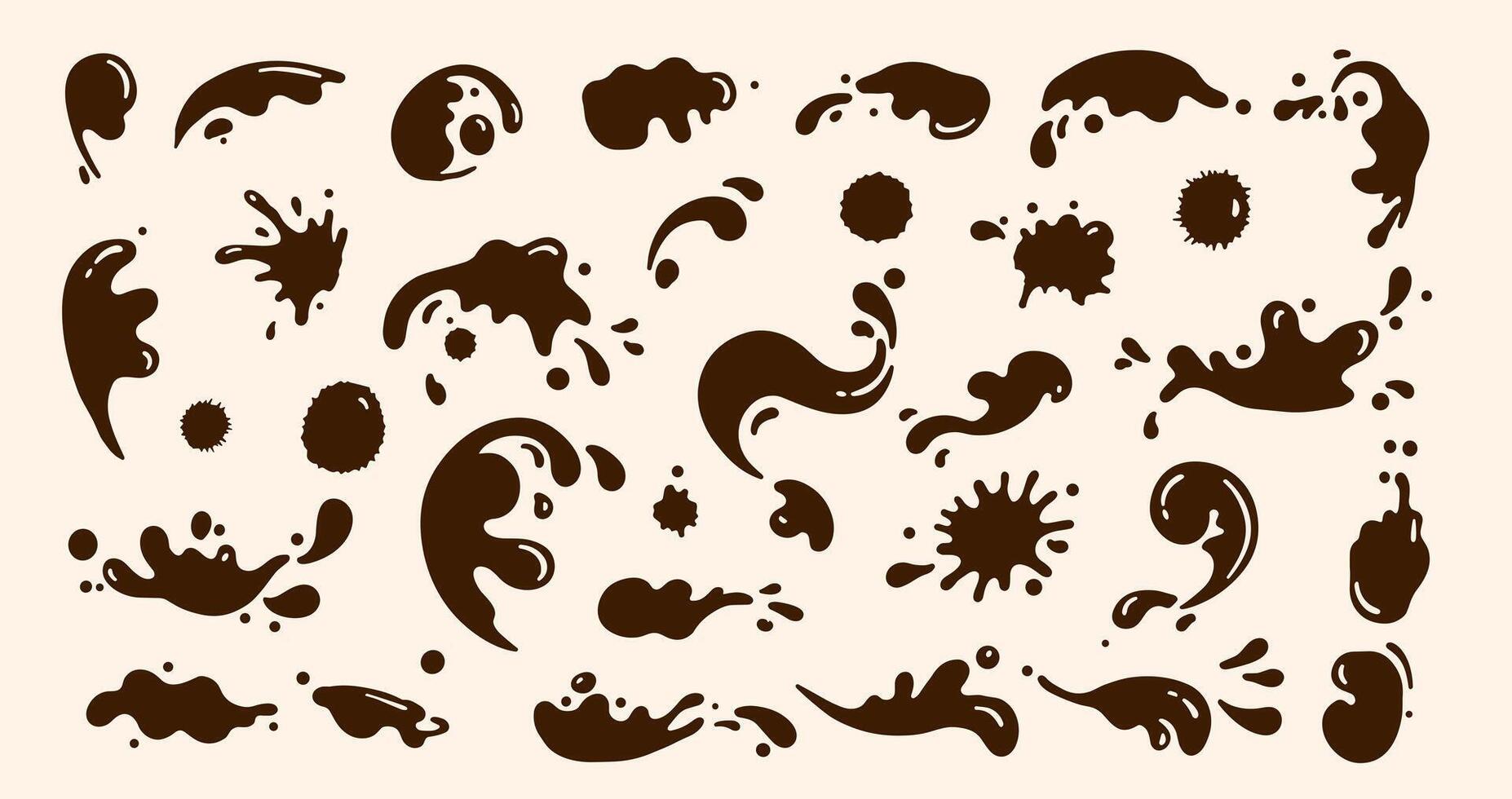 Set of brown splatter shapes and splash effects on a beige background, representing chocolate, mud, or paint in various abstract forms and dynamic motion styles vector