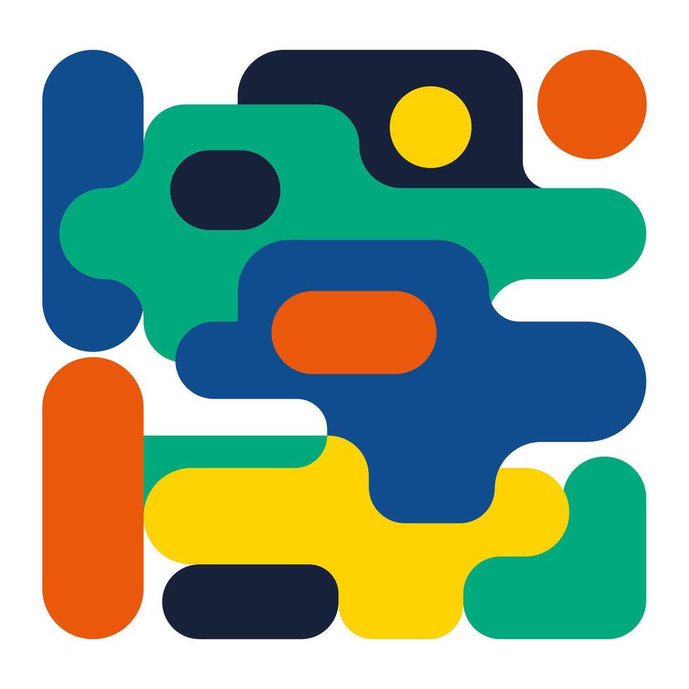 Abstract composition of colorful geometric shapes in blue, green, orange, yellow, and black with rounded forms and overlapping patterns on a white background vector