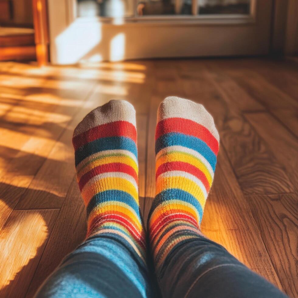 A person wearing colorful socks on a wooden floor photo