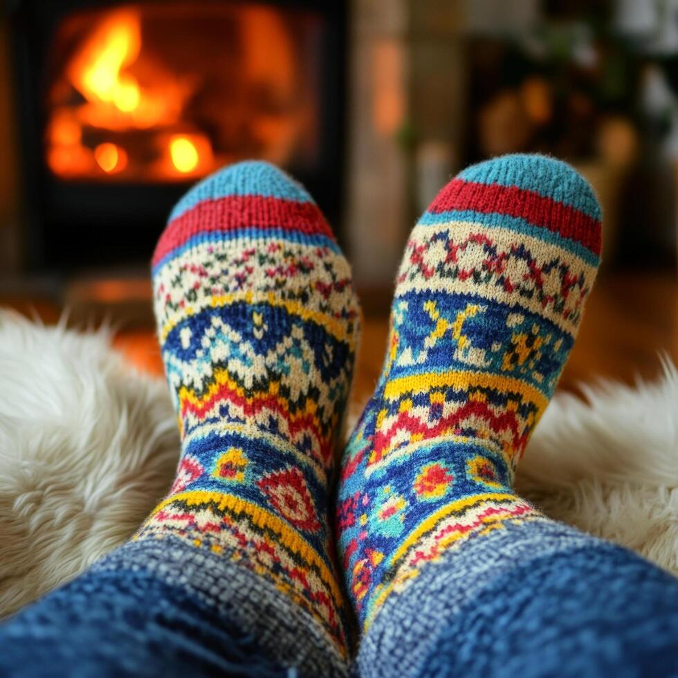 A person wearing colorful socks in front of a fireplace photo